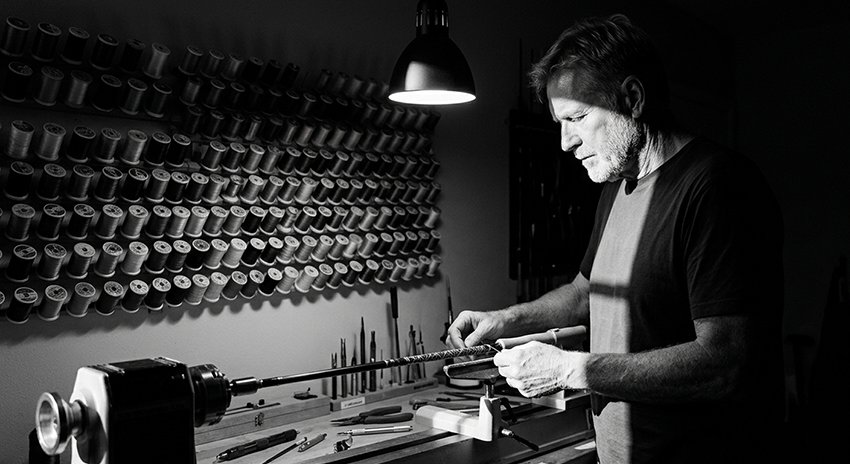 Rod builder at work in the workshop